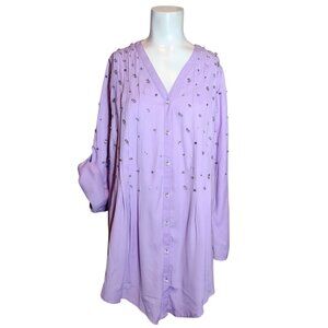 Roaman's Rhinestone Button Top Sz 12W Lavender Flare Roll Tab Sleeves Bling READ